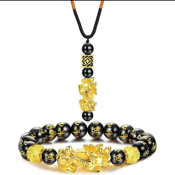 Black Obsidian pixiu Feng SHui bracelet and necklace set - Picture 1 of 6